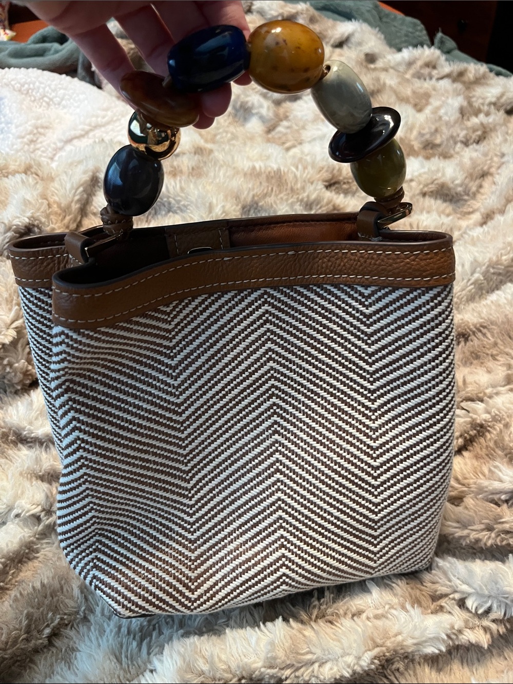 Fossil Brown & White Chevron Shoulder Bag with Beaded Handle